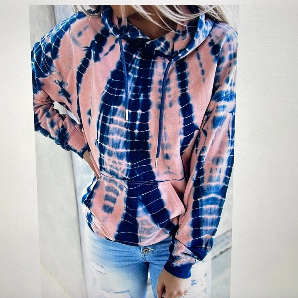 Tie Dye Pullover Kangaroo Pocket Hoodie Sweatshirt Pink Blue Size 2XL - Picture 3 of 7